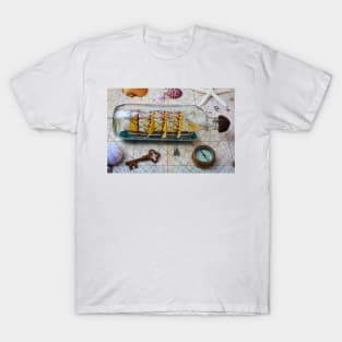 Ship In A Bottle With Old Key And Compass T-Shirt